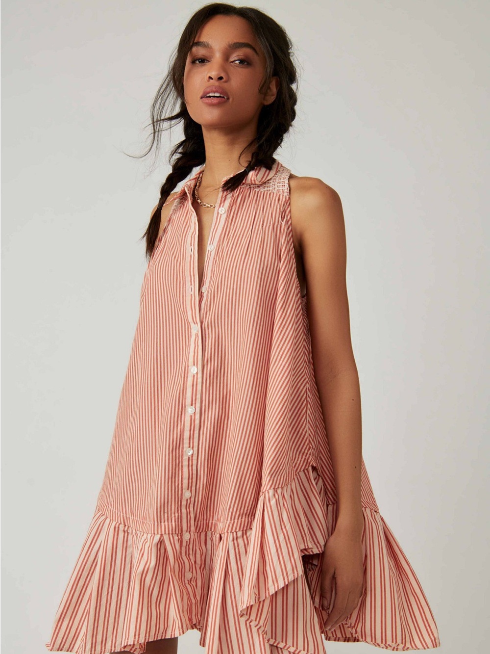 Free People Striped Sleeveless Mini Dress in Blush Peach